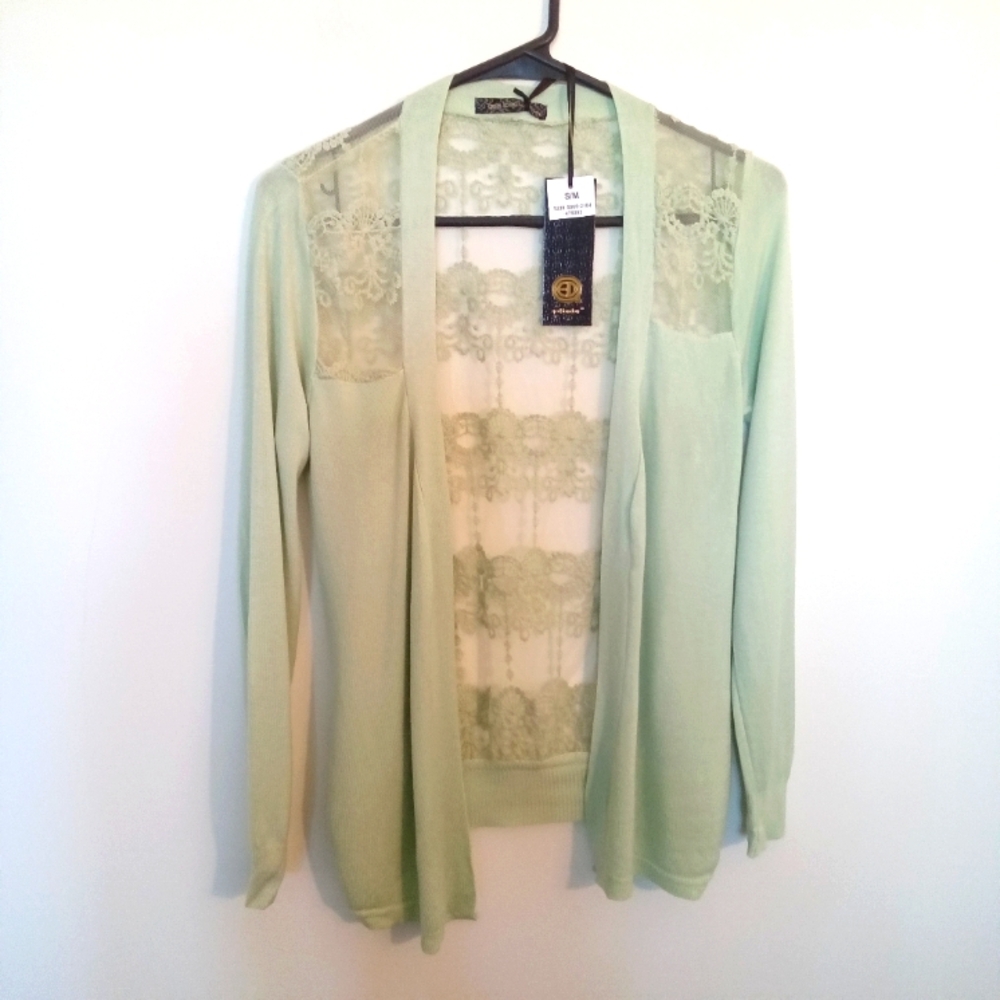 Open Front Cardigan with Lace Back and Shoulder Inserts